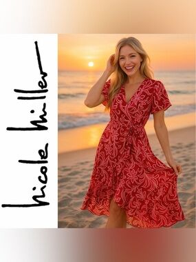 Nicole Miller Pink Floral Satin Ruffle Flutter Sleeve Wrap Maxi Dress, Large